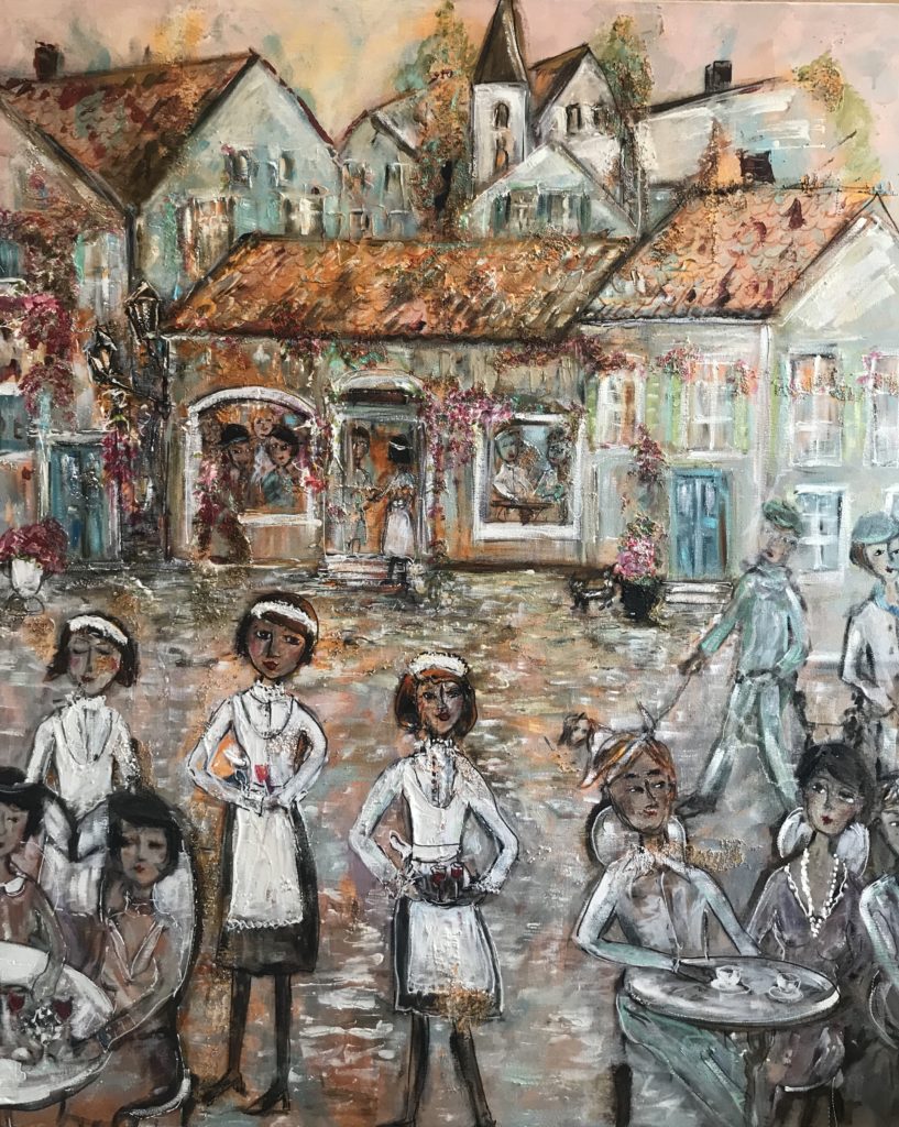 Naivistiskt konstverk- Småstadsliv