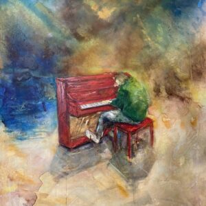 Köpa stor originaltavla – ”The Lonely Pianist” i stämningsfullt ljus