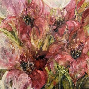 Konst som värmer – Tavla med röda amaryllis, vita tulpaner